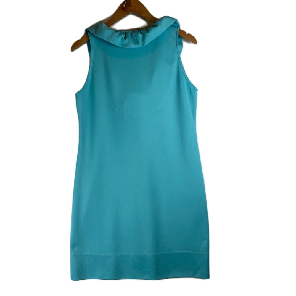 Gretchen Scott Turquoise Blue Ruffle Portrait Collar Shift Dress Womens Medium - Picture 2 of 8